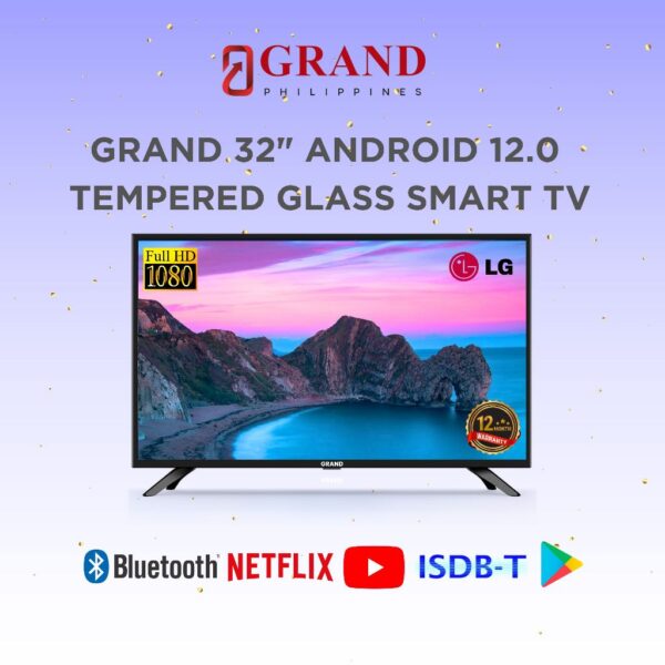 Grand 32″ Smart LED TV with Tempered Glass Netflix Ready Android 14.0 ...