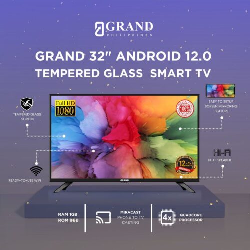 Grand 32″ Smart LED TV with Tempered Glass Netflix Ready Android 14.0 ...
